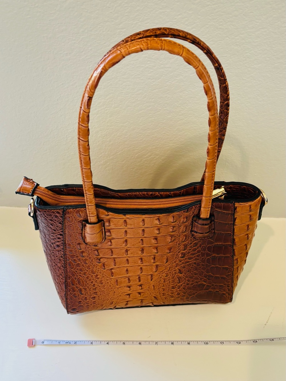 Croc-Embossed Shoulder Tote in Cognac Brown with Gold Accents and strap - Picture 12 of 15